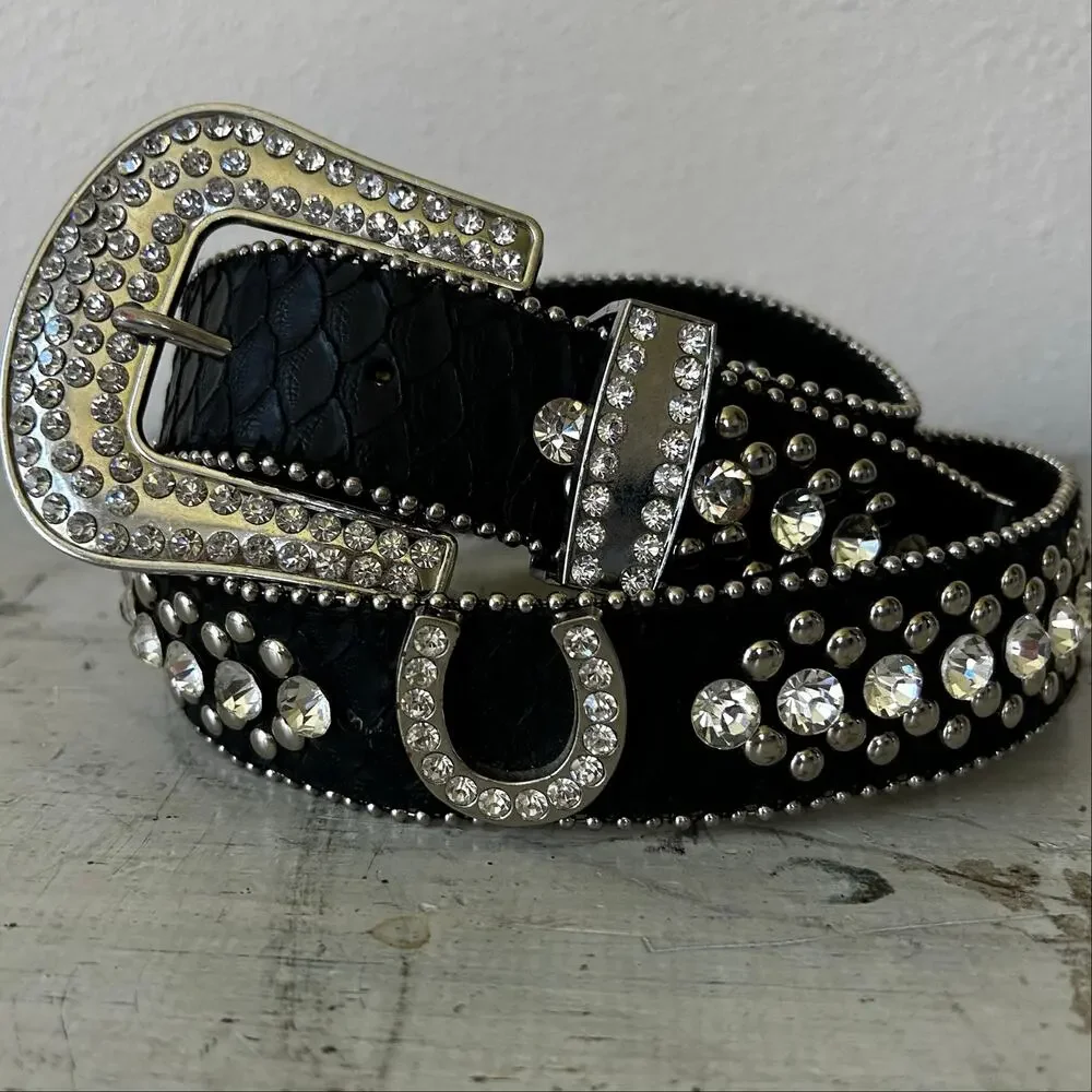 Vintage Rhinestone Studded Leather Bling Western Glam Statement Belt Y2K 34 - 36